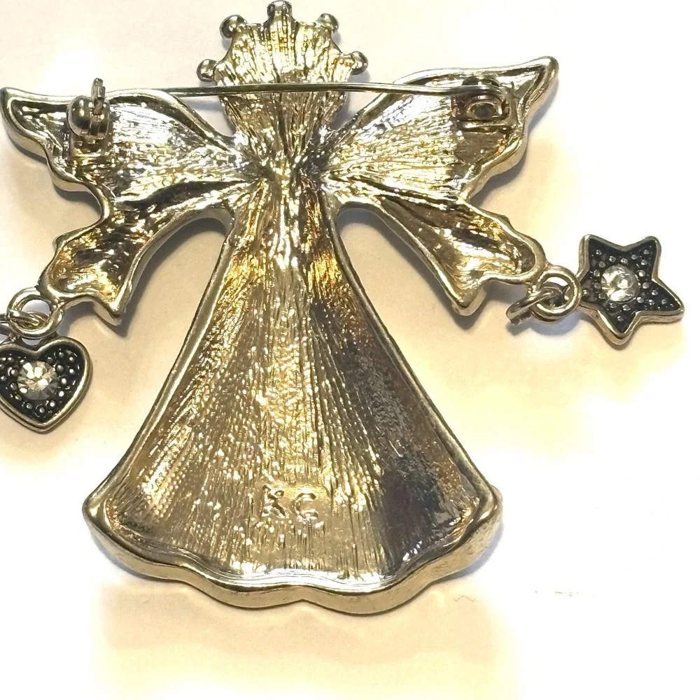 KC Angel Brooch Silver Tone Enamel Rhinestone Dangle Star Heart Cat Eye Cabochon